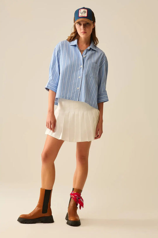 oversized Cropped Striped Shirt in Blue - Tee-Shirt