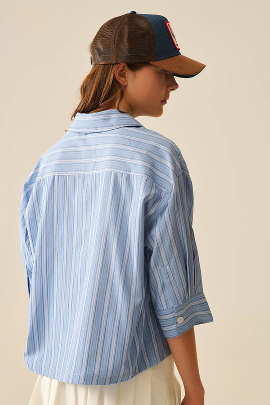 oversized Cropped Striped Shirt in Blue - Tee-Shirt
