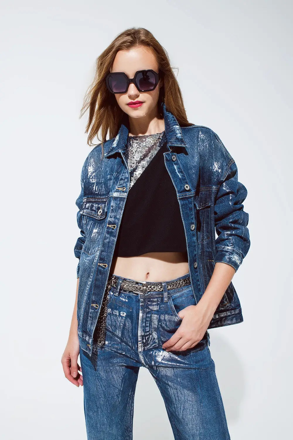 oversized denim jacket with silver metallic finished - Coats and Jackets