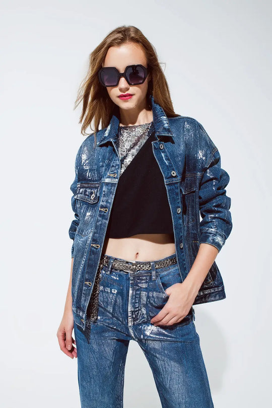 oversized denim jacket with silver metallic finished - Coats and Jackets