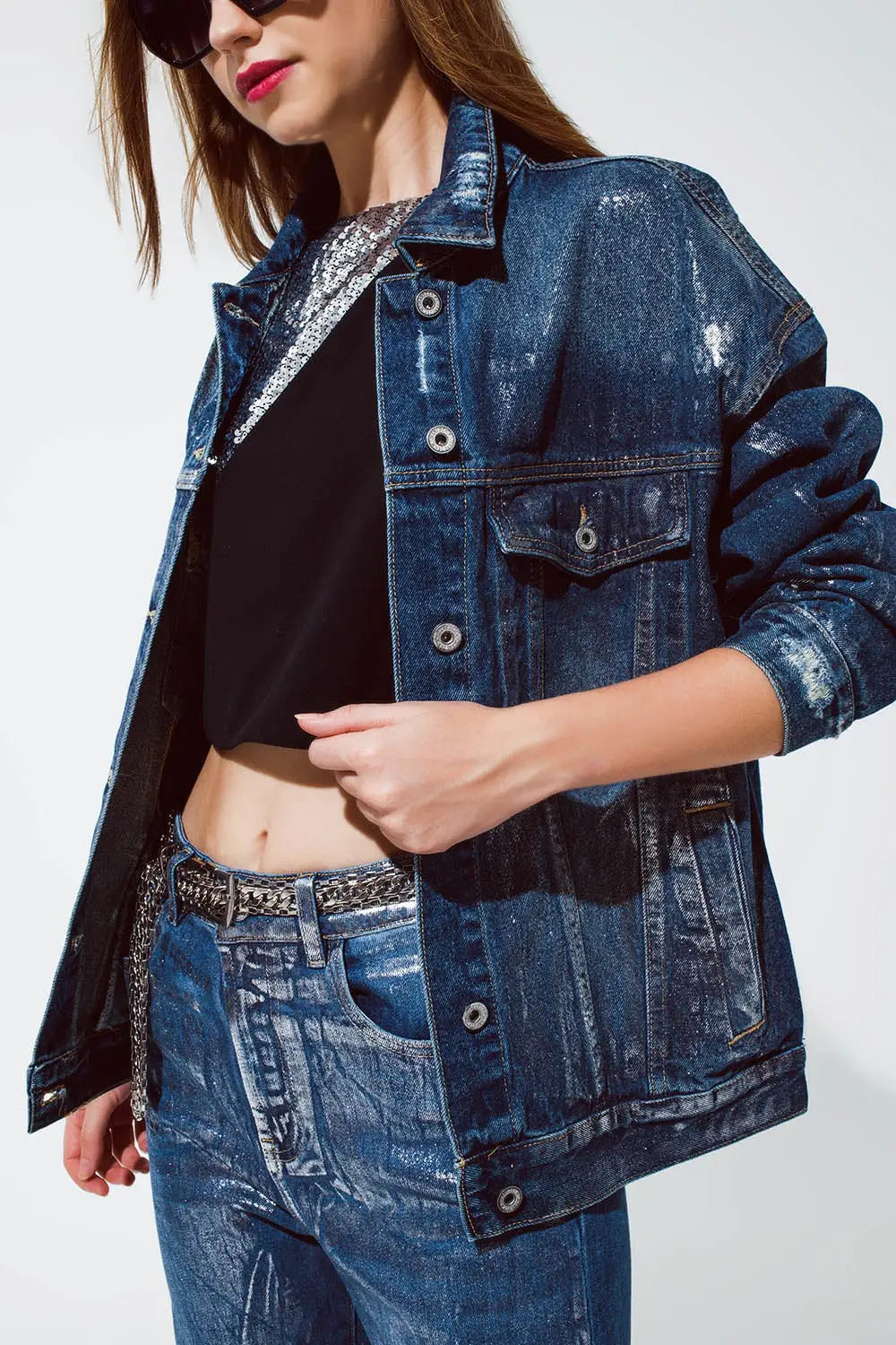 oversized denim jacket with silver metallic finished - Coats and Jackets