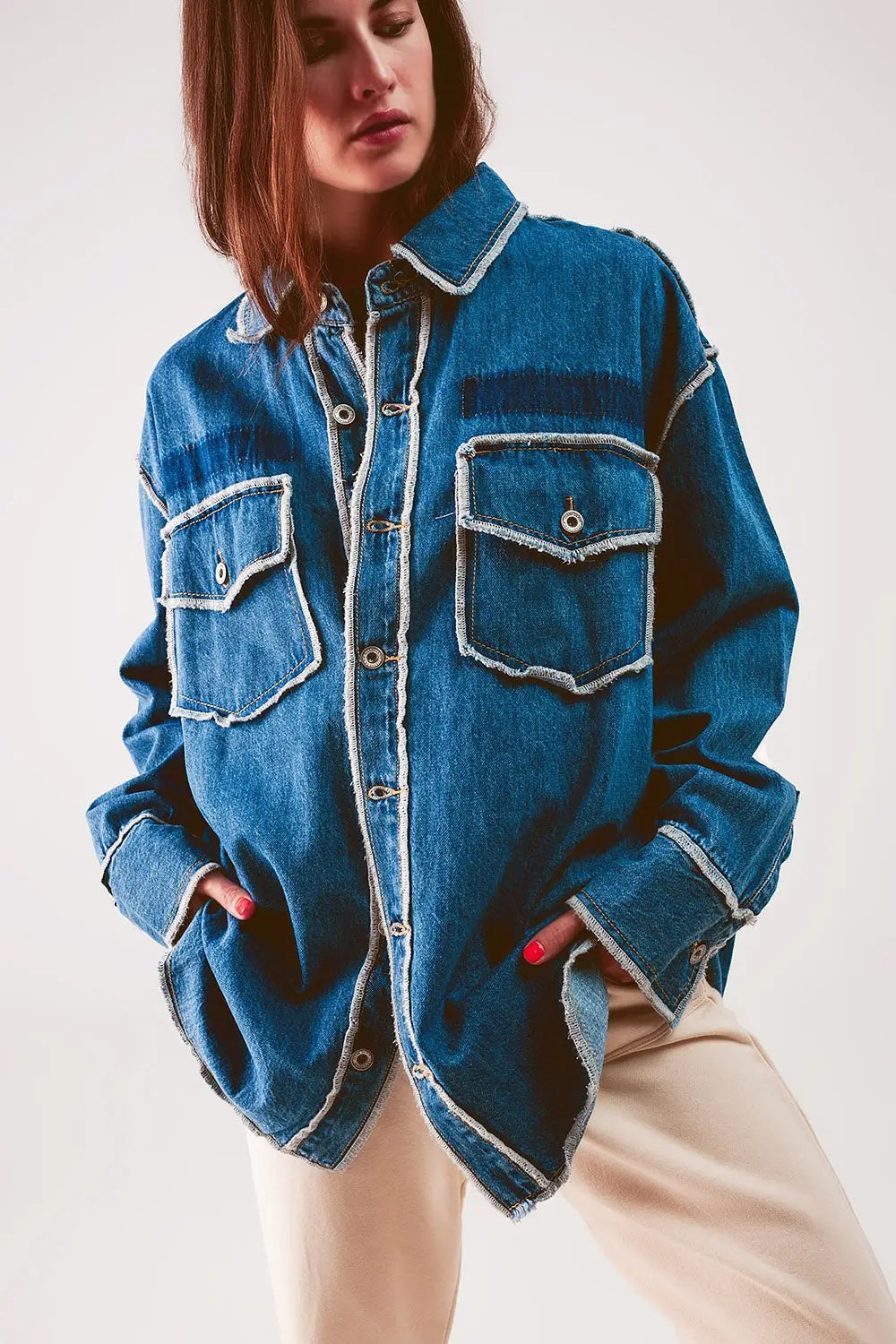 Oversized denim shacket with contour seam detail in mid wash - One Size / Blue - Coats and Jackets