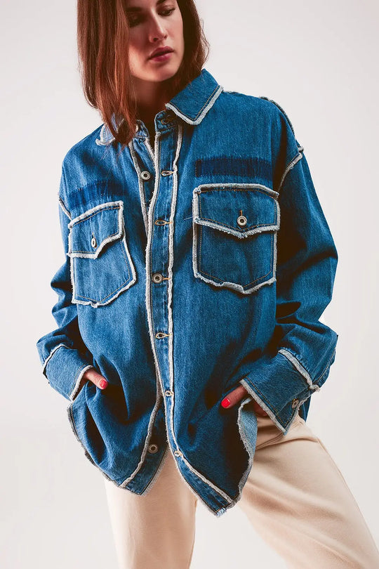 Oversized denim shacket with contour seam detail in mid wash - One Size / Blue - Coats and Jackets