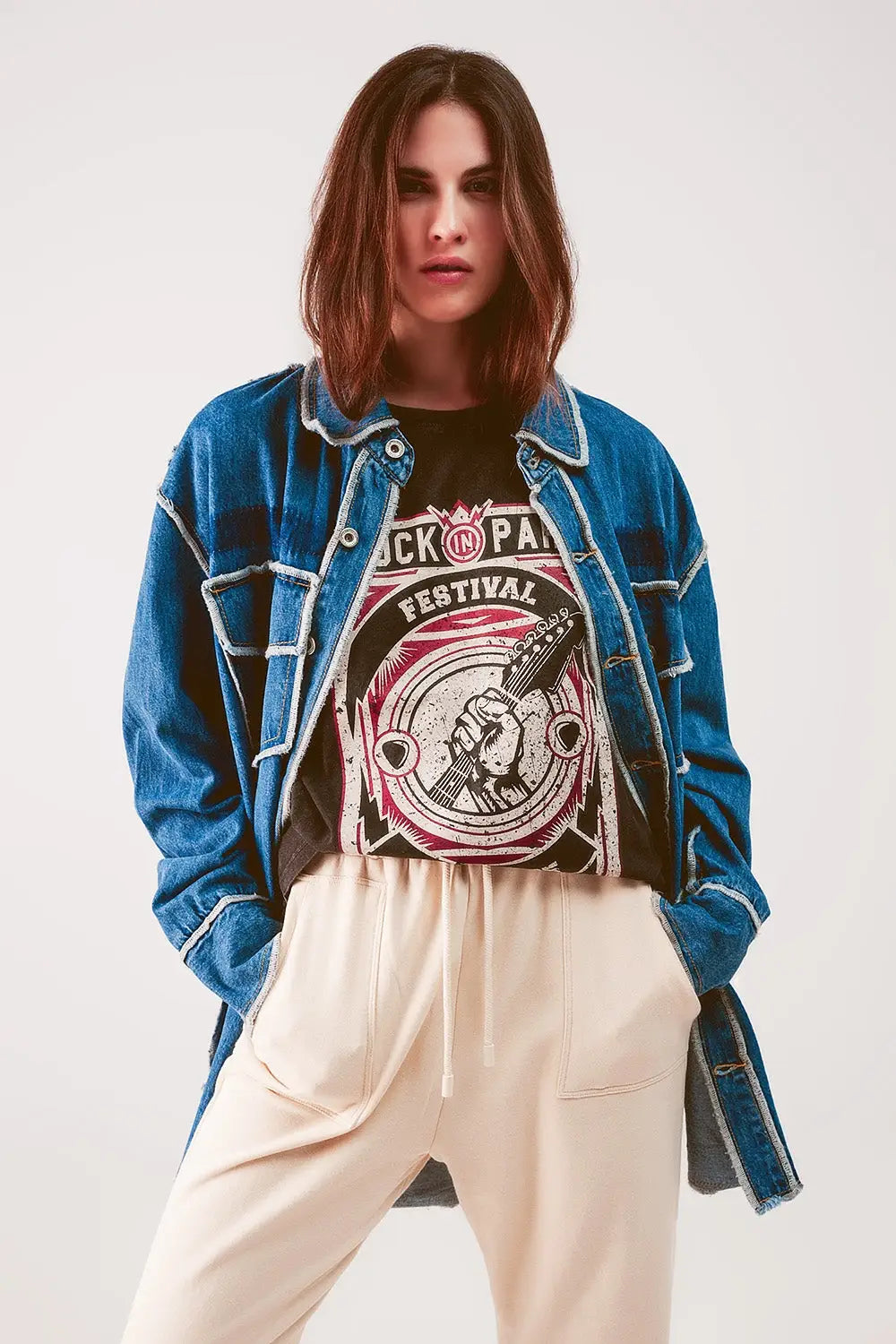 Oversized denim shacket with contour seam detail in mid wash - One Size / Blue - Coats and Jackets