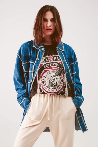 Oversized denim shacket with contour seam detail in mid wash - One Size / Blue - Coats and Jackets