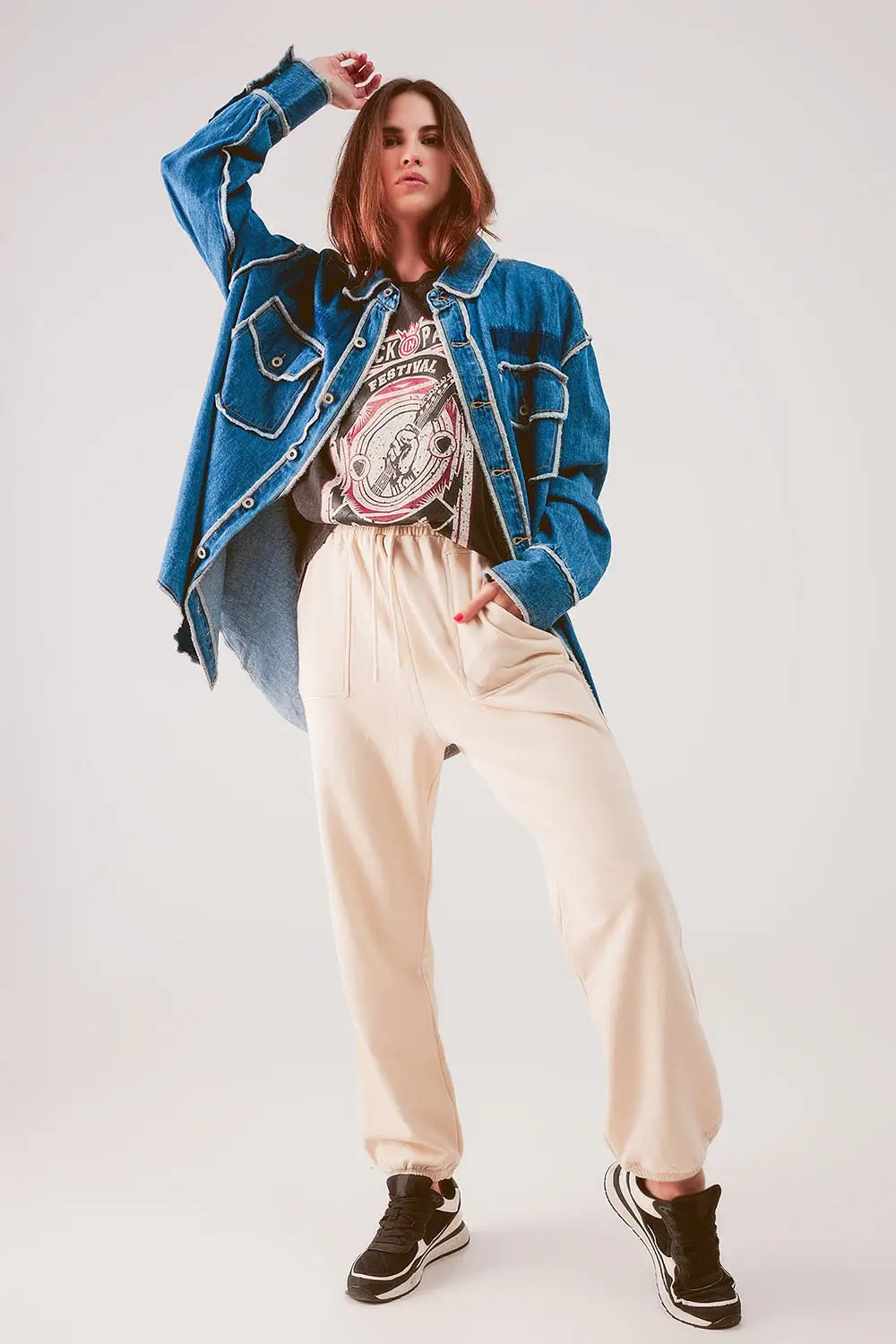 Oversized denim shacket with contour seam detail in mid wash - One Size / Blue - Coats and Jackets