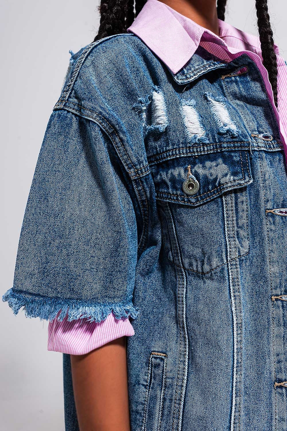 Oversized distressed short sleeves denim jacket