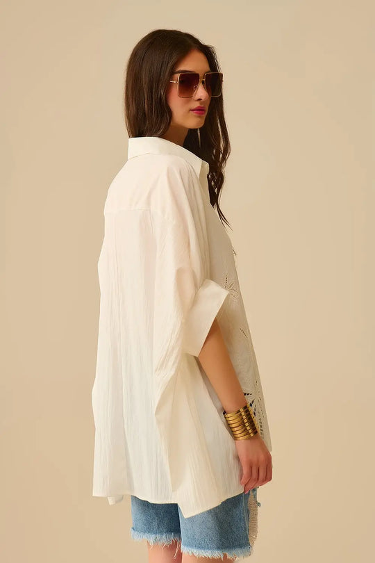 Oversized Embroidered Blouse with Palm Leaf Design - One Size / White - Shirts