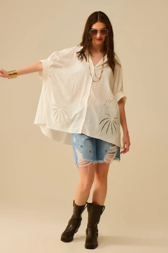 Oversized Embroidered Blouse with Palm Leaf Design - One Size / White - Shirts