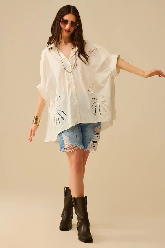 Oversized Embroidered Blouse with Palm Leaf Design - One Size / White - Shirts