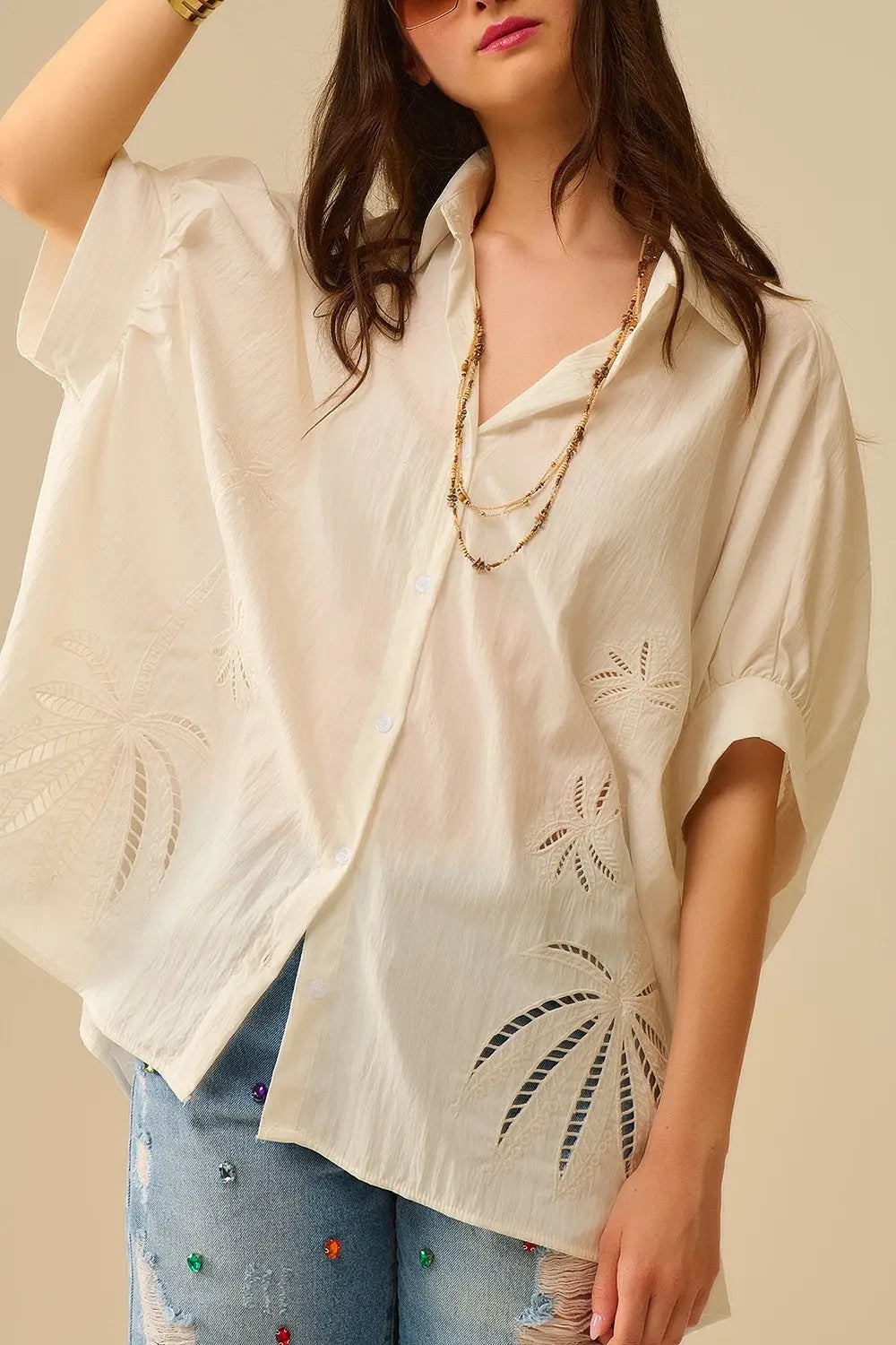 Oversized Embroidered Blouse with Palm Leaf Design - One Size / White - Shirts