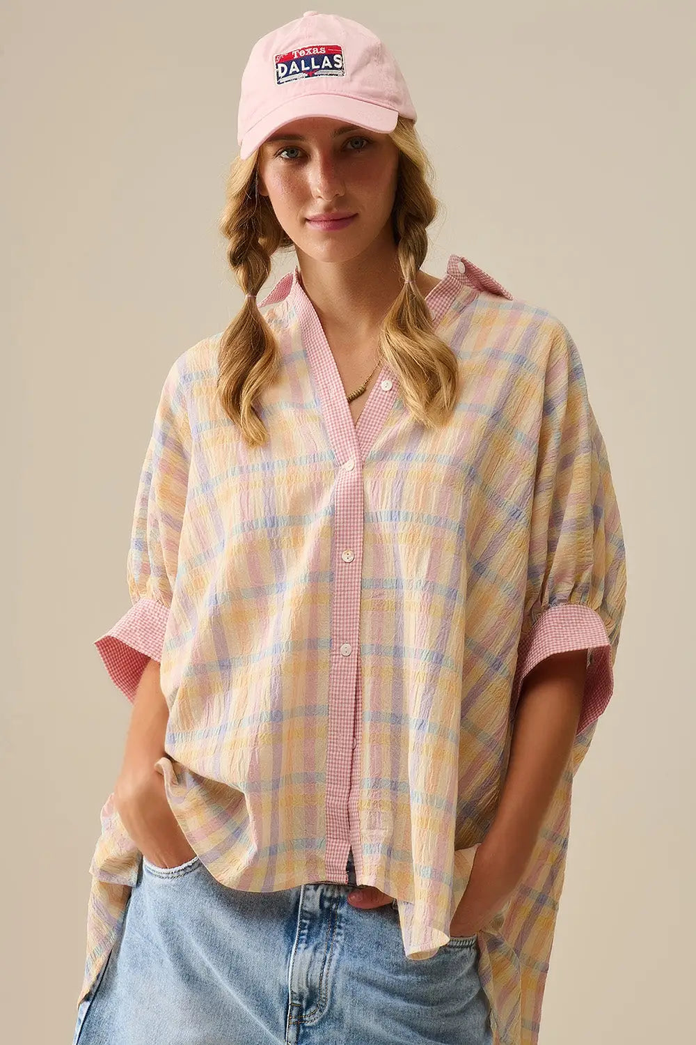 Oversized Flowy Blouse with Checked Contrast - Shirts