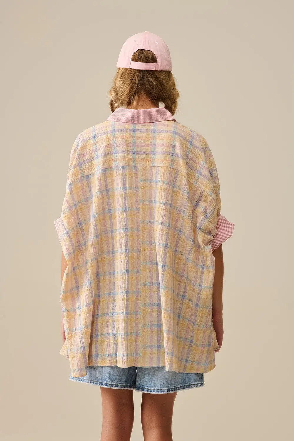 Oversized Flowy Blouse with Checked Contrast - Shirts