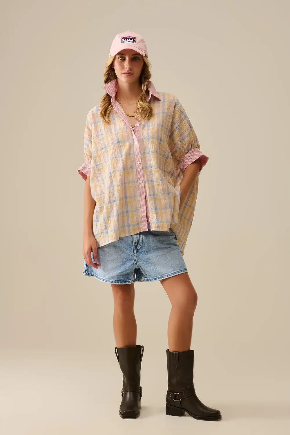 Oversized Flowy Blouse with Checked Contrast - Shirts
