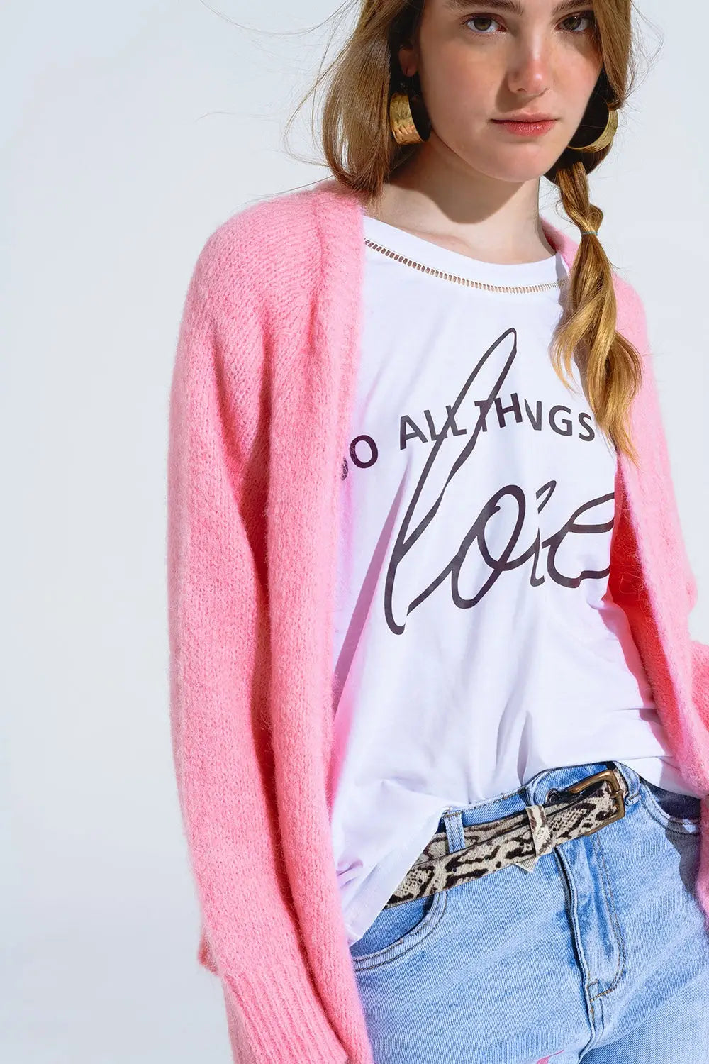 Oversized fluffy knit open cardigan in pink with rib at them and cuffs - Sweaters