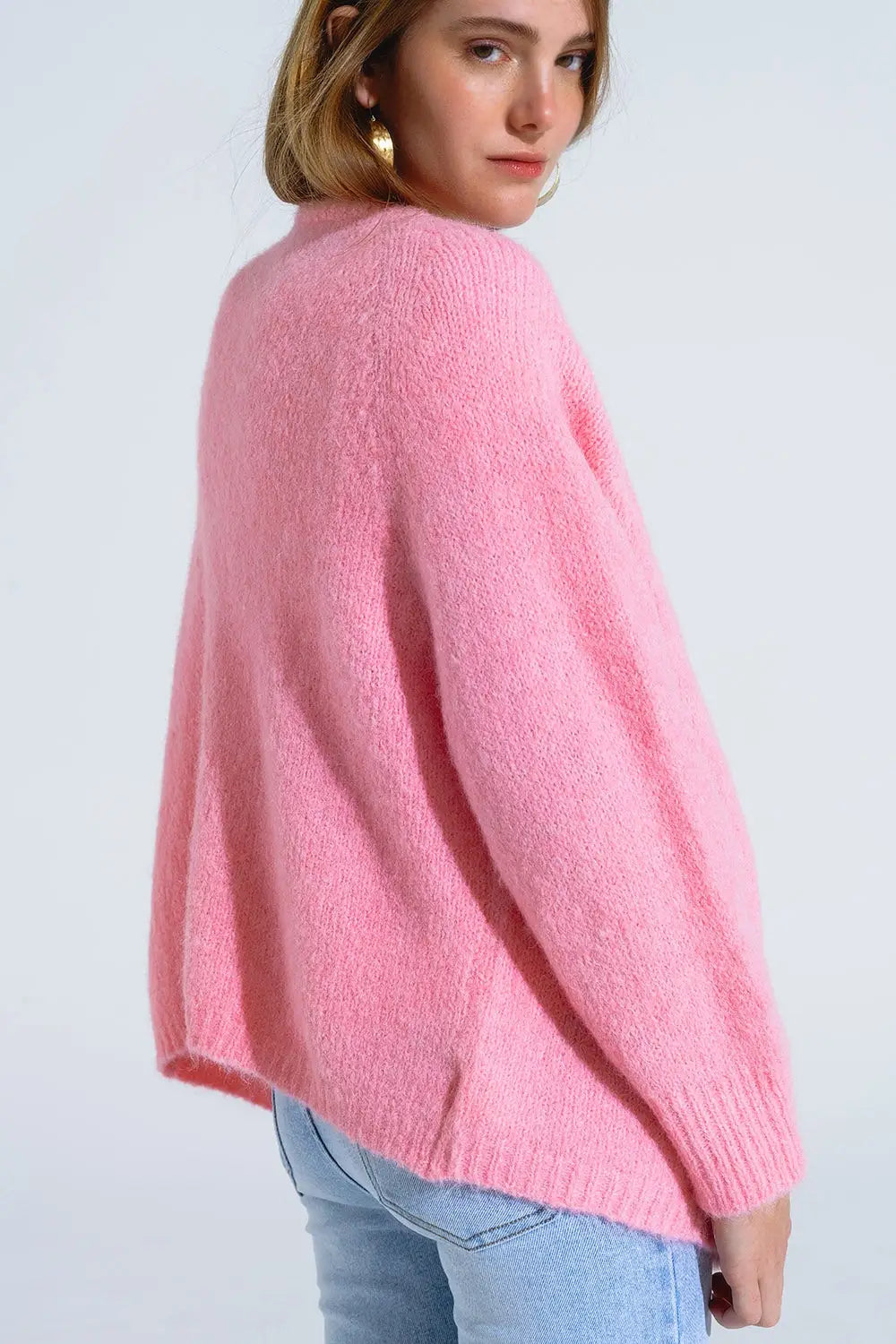 Oversized fluffy knit open cardigan in pink with rib at them and cuffs - Sweaters