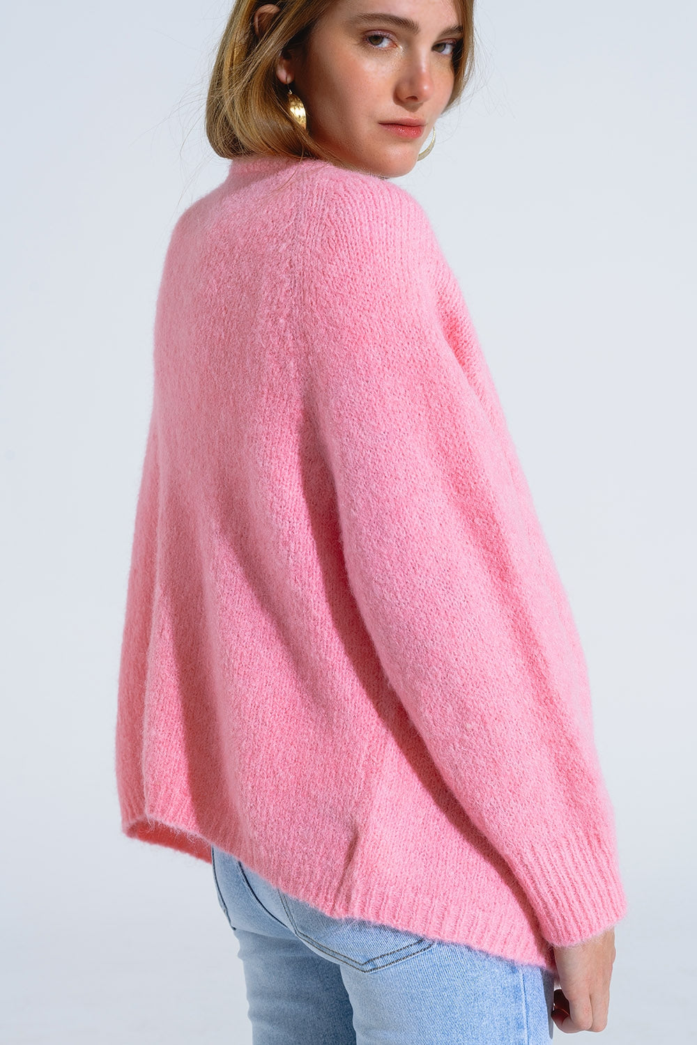 Oversized fluffy knit open cardigan in pink with rib at them and cuffs