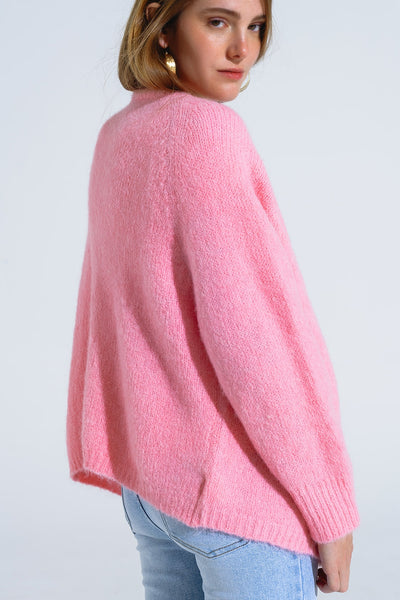 Oversized fluffy knit open cardigan in pink with rib at them and cuffs