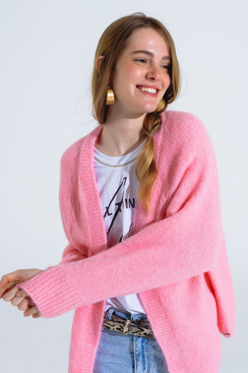 Oversized fluffy knit open cardigan in pink with rib at them and cuffs