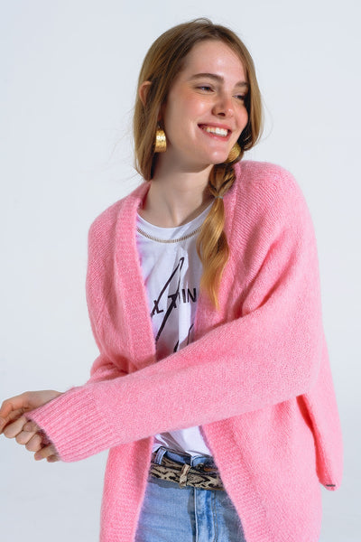 Oversized fluffy knit open cardigan in pink with rib at them and cuffs