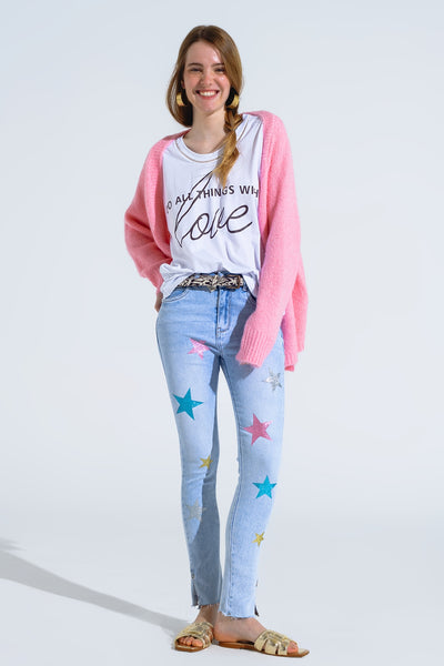 Oversized fluffy knit open cardigan in pink with rib at them and cuffs