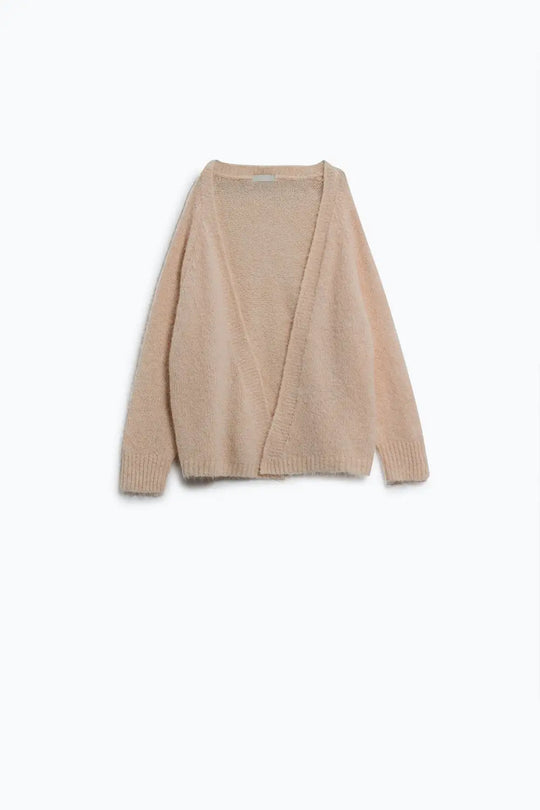 Oversized fluffy knit open cardigan in white with rib at them and cuffs - Sweaters