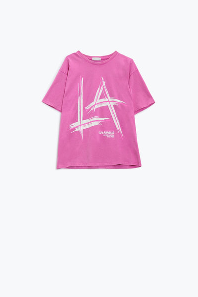 Oversized fuchsia t-shirt printed LA Los Angeles in white and fuchsia