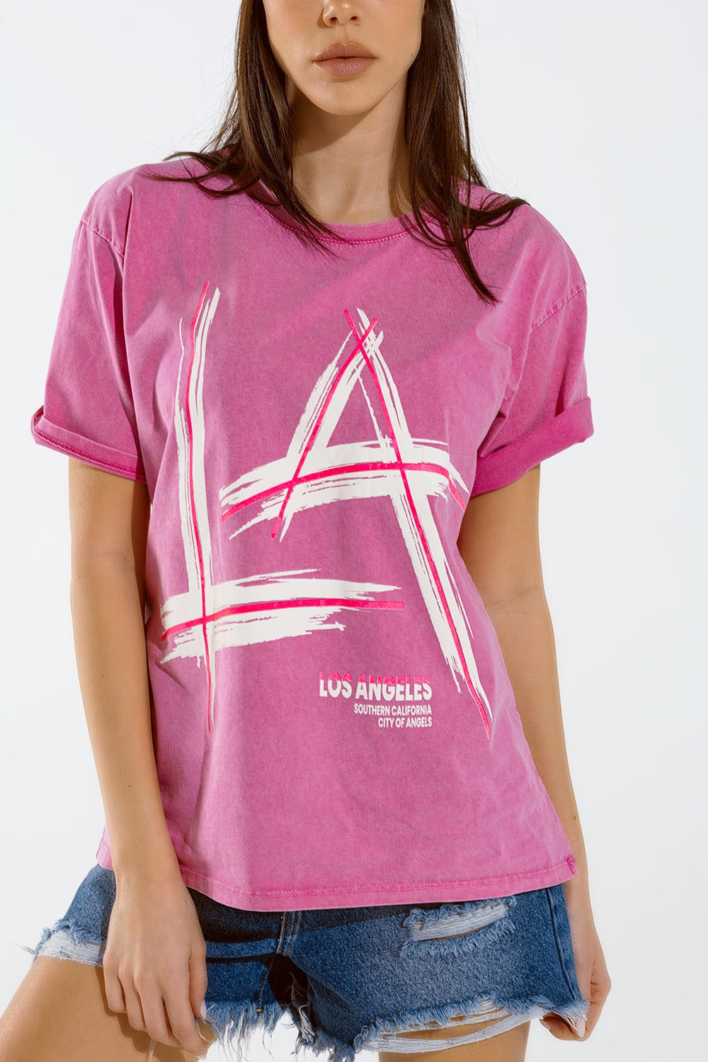 Oversized fuchsia t-shirt printed LA Los Angeles in white and fuchsia