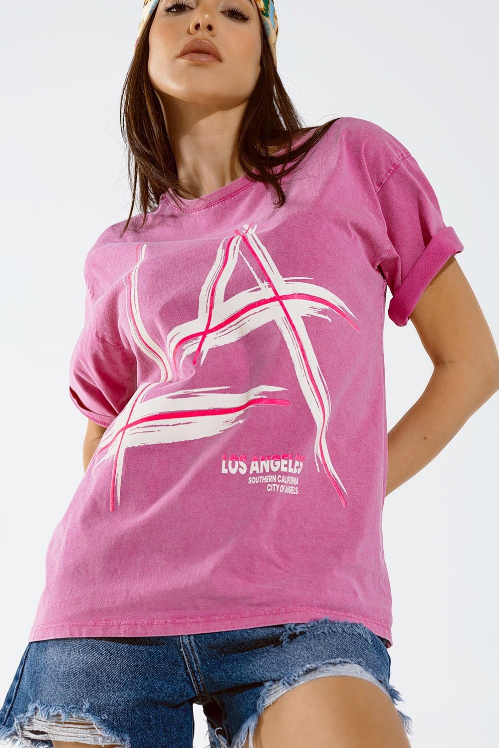 Oversized fuchsia t-shirt printed LA Los Angeles in white and fuchsia