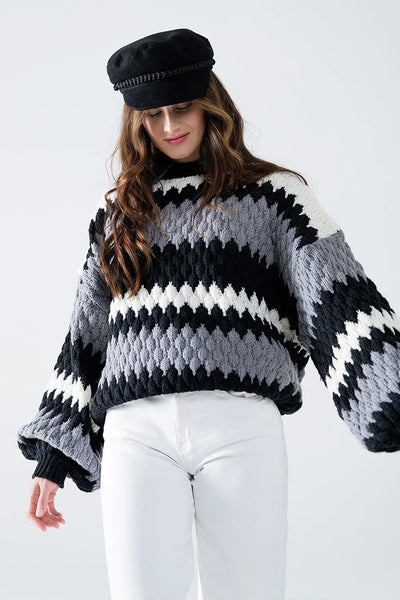 Chunky Ziz Zag Oversized Gray Striped Sweater - One Size / Grey - Sweaters