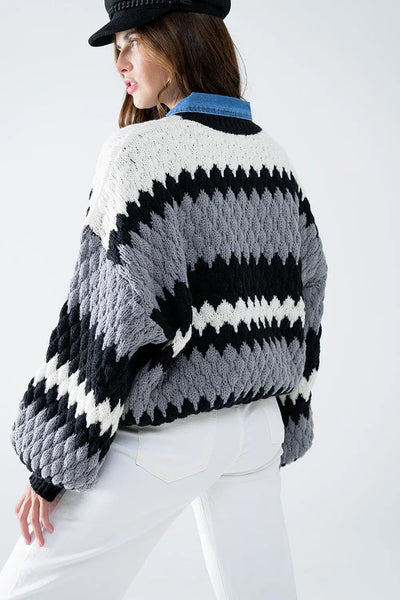 Chunky Ziz Zag Oversized Gray Striped Sweater - One Size / Grey - Sweaters