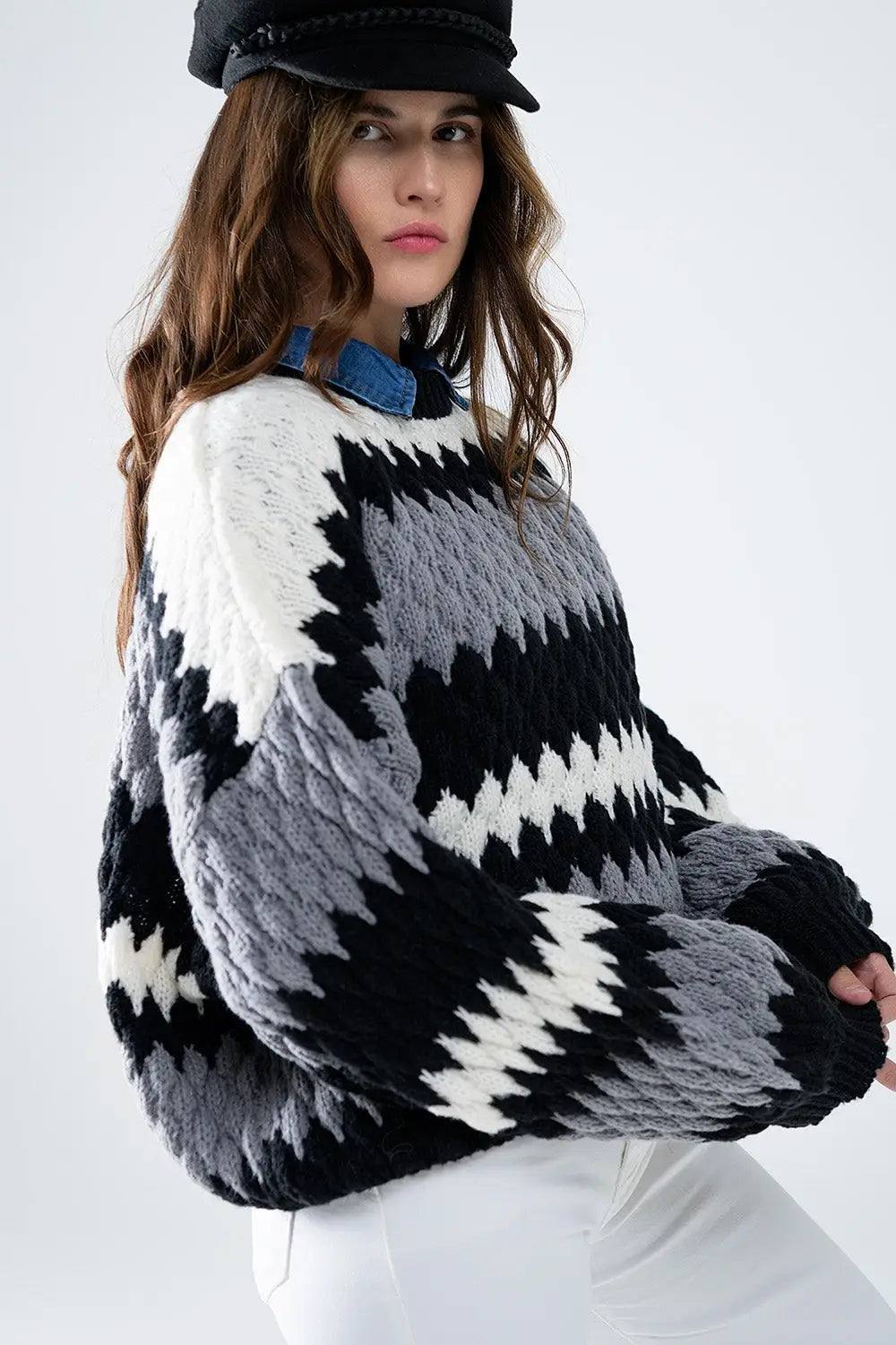 Chunky Ziz Zag Oversized Gray Striped Sweater - One Size / Grey - Sweaters