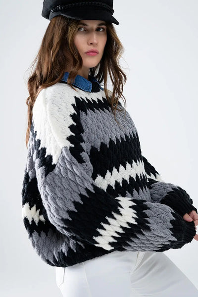 Chunky Ziz Zag Oversized Gray Striped Sweater - One Size / Grey - Sweaters