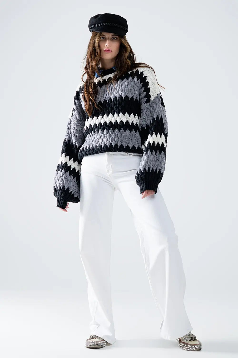 Chunky Ziz Zag Oversized Gray Striped Sweater - One Size / Grey - Sweaters