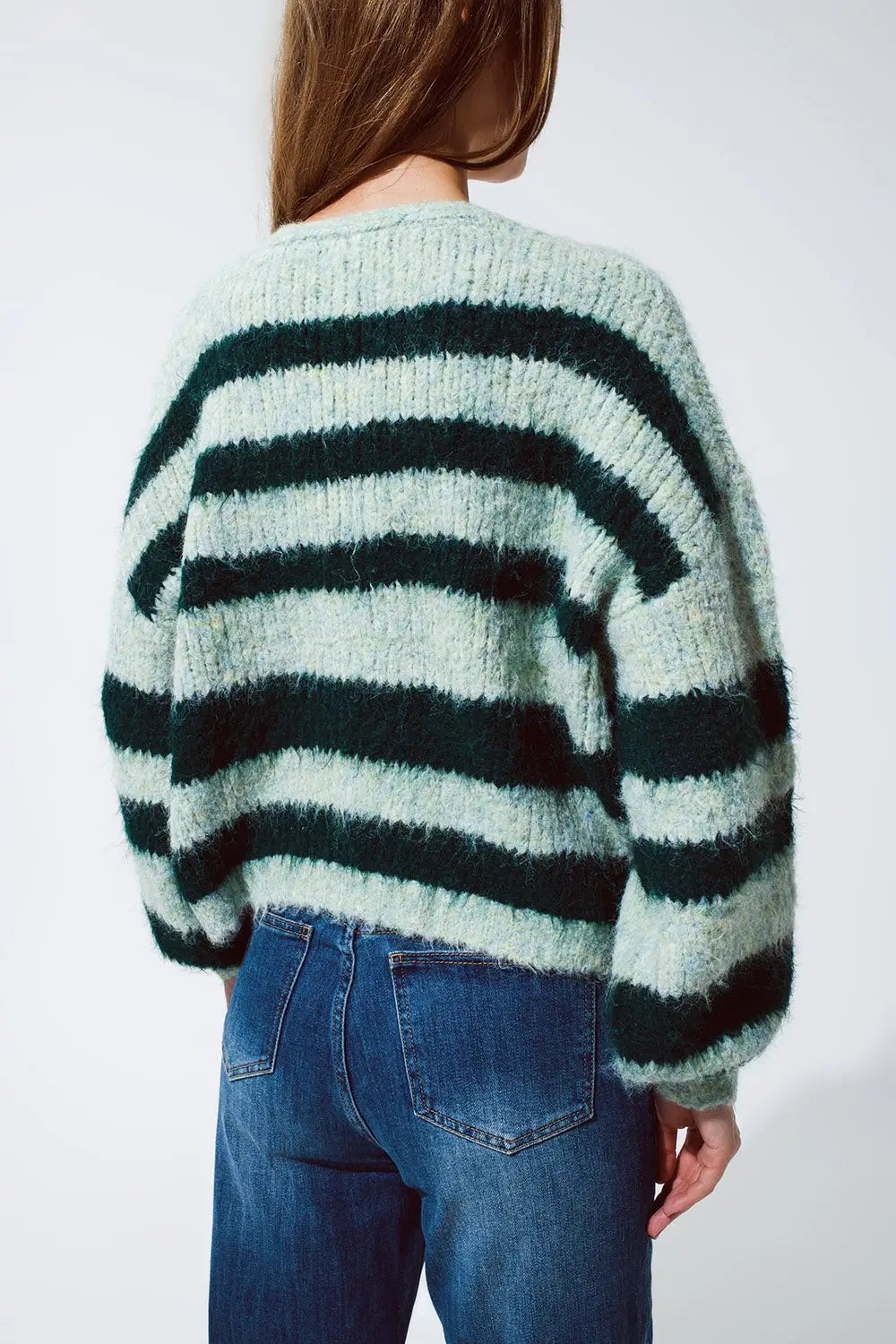Oversized Green Stripy Fluffy Sweater With Balloon Sleeves - One Size / Green - Sweaters