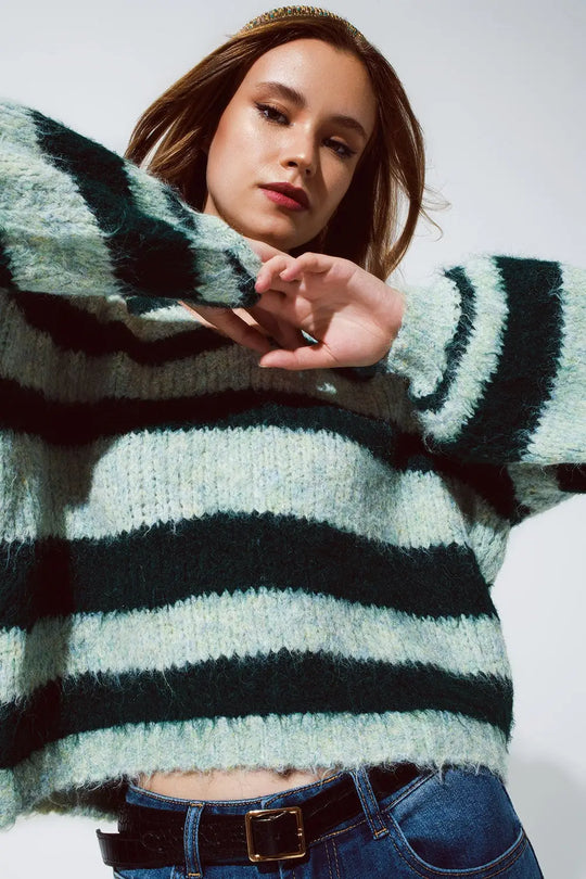 Oversized Green Stripy Fluffy Sweater With Balloon Sleeves - One Size / Green - Sweaters