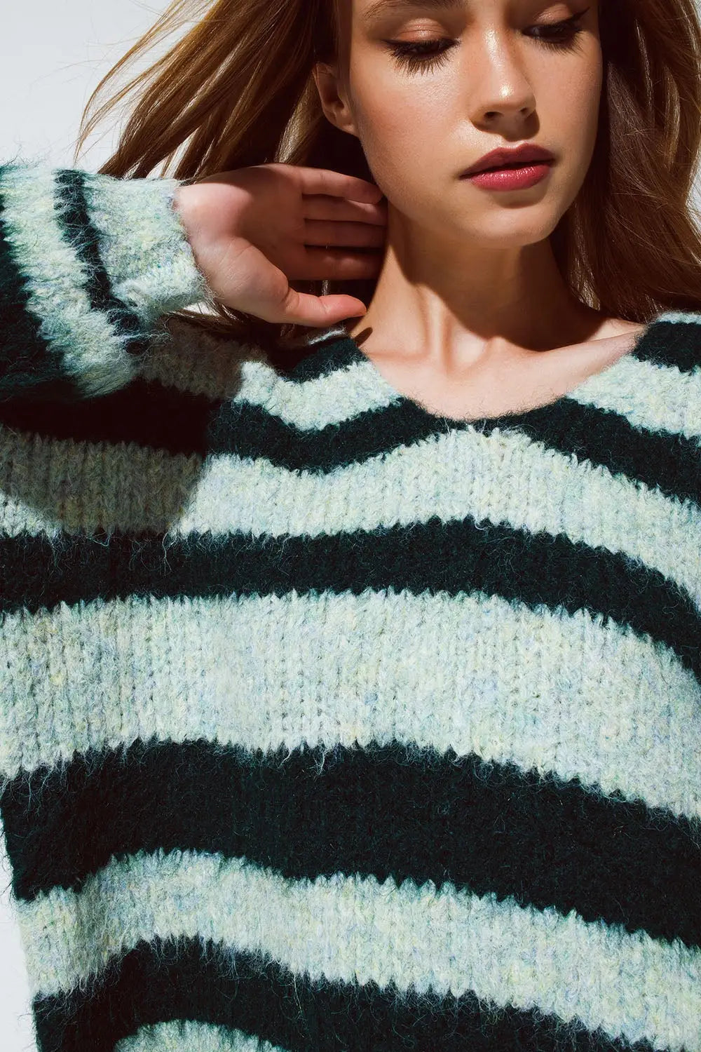 Oversized Green Stripy Fluffy Sweater With Balloon Sleeves - One Size / Green - Sweaters
