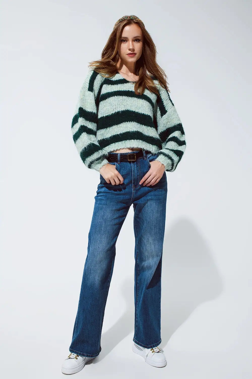 Oversized Green Stripy Fluffy Sweater With Balloon Sleeves - One Size / Green - Sweaters