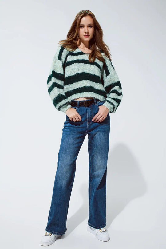 Oversized Green Stripy Fluffy Sweater With Balloon Sleeves - One Size / Green - Sweaters