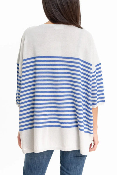 Oversized Grey sweater with blue stripes and V-neck - One Size / Blue - Sweaters