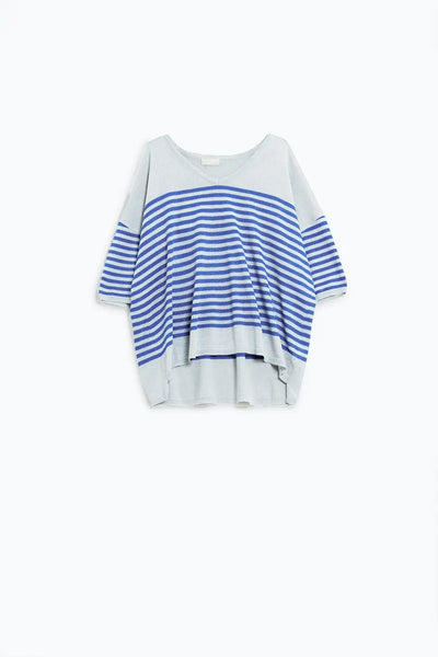 Oversized Grey sweater with blue stripes and V-neck - One Size / Blue - Sweaters