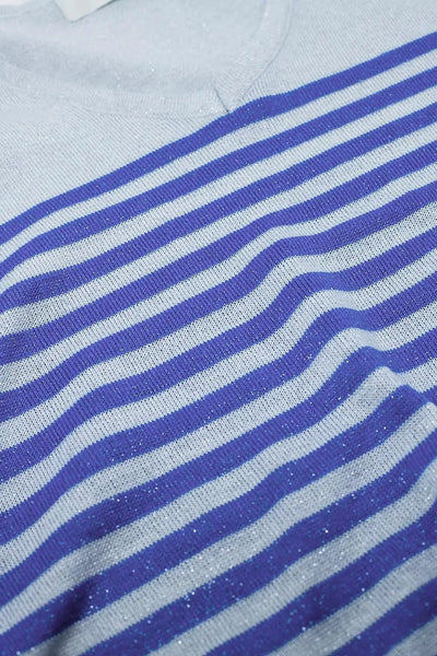 Oversized Grey sweater with blue stripes and V-neck - One Size / Blue - Sweaters