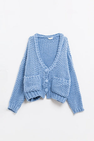 Q2 Oversized light blue chunky knit jacket with pockets