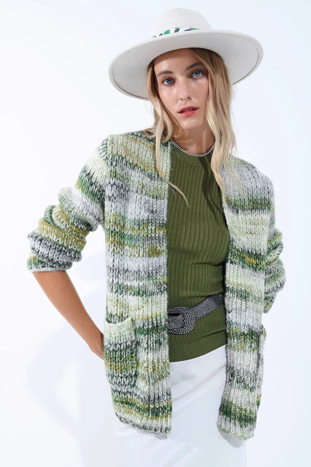 Oversized mottled striped long cardigan with pockets in Green One Size / Green