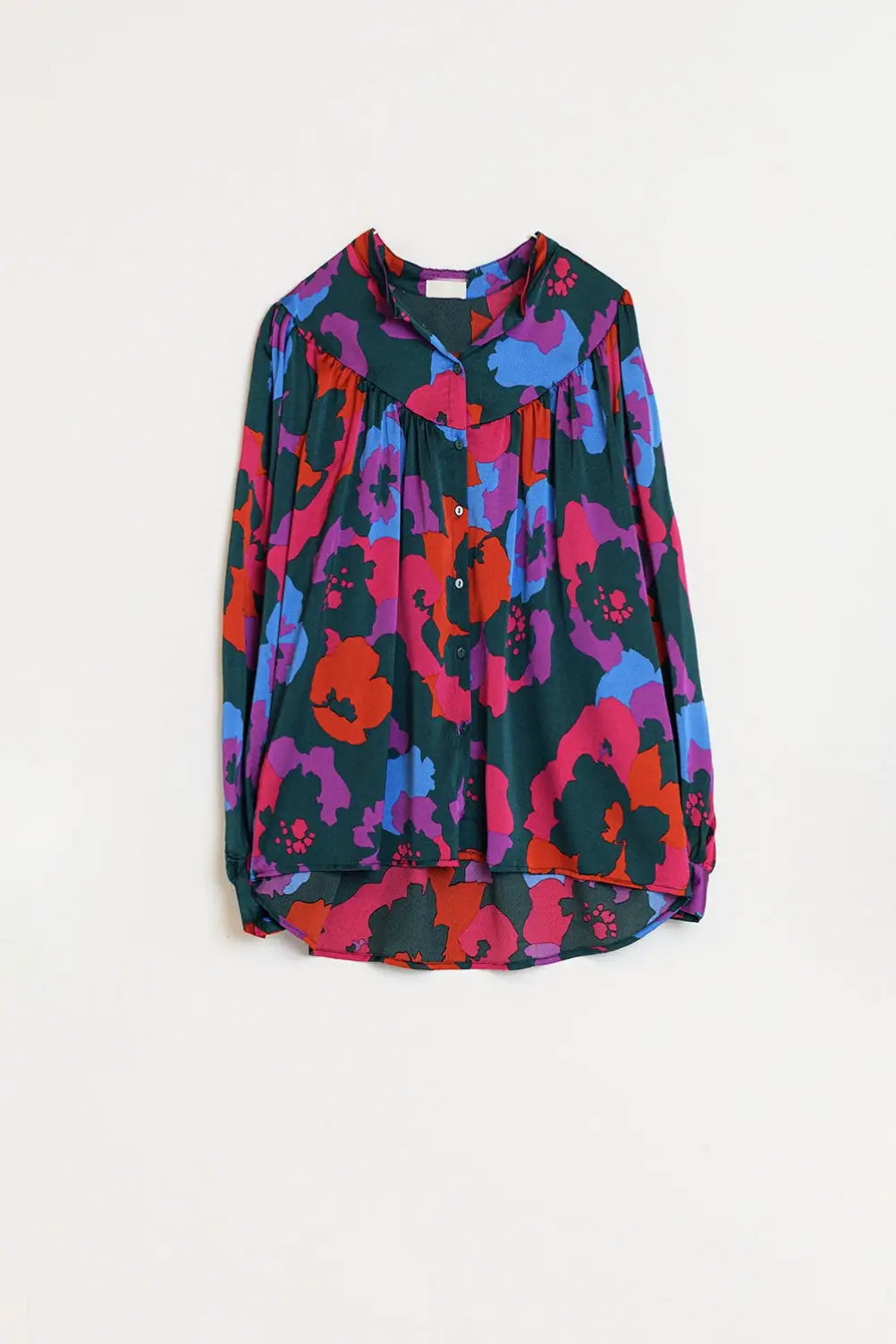 Q2 Oversized Over Shirt With Ruched Details In Colorful Floral Print