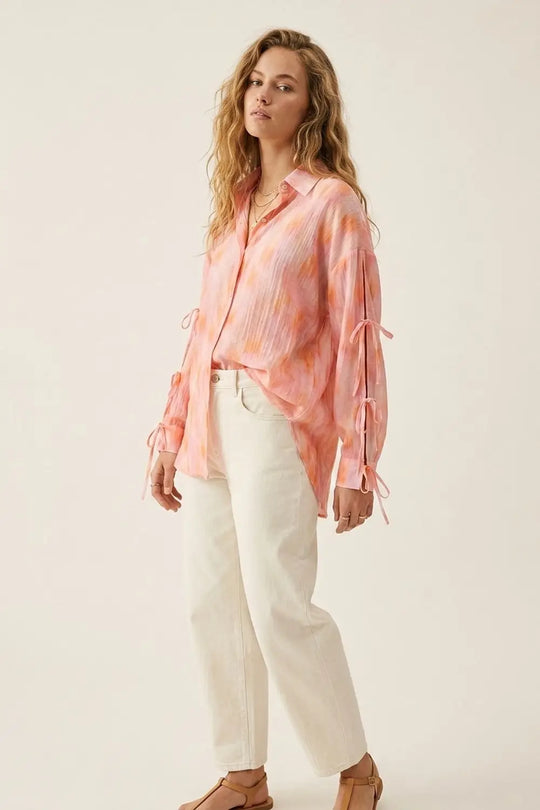 Q2 oversized Pink Tie-Sleeve Button-Up Shirt
