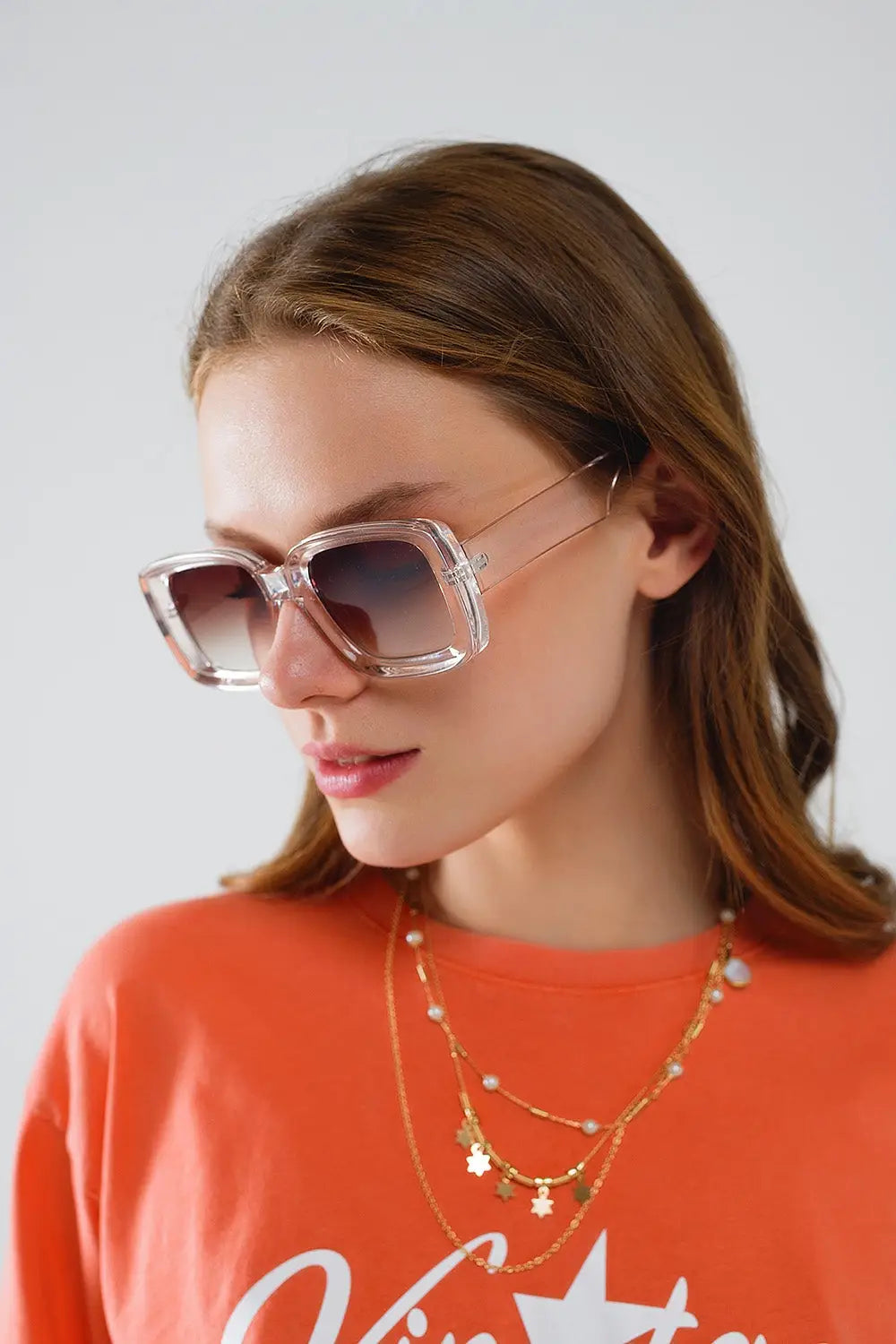Oversized Rectangular Sunglasses in Transparent White - One Size / Pink