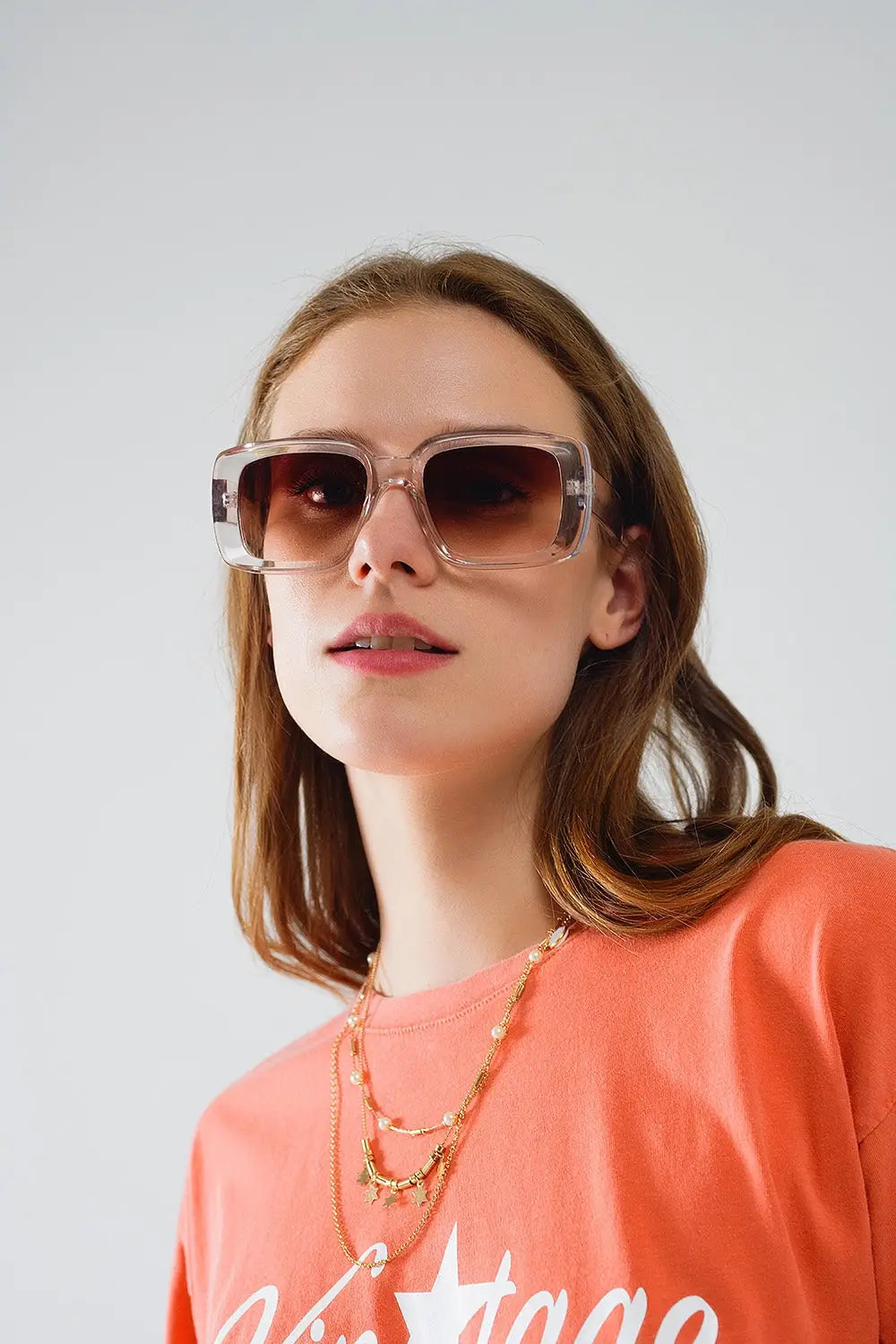 Oversized Rectangular Sunglasses in Transparent White - One Size / Pink
