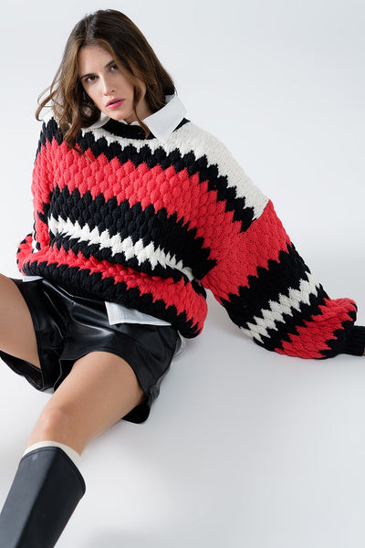 Q2 oversized red zig zag striped sweater