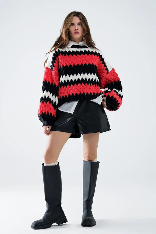 oversized red zig zag striped sweater - One Size / Red - Sweaters